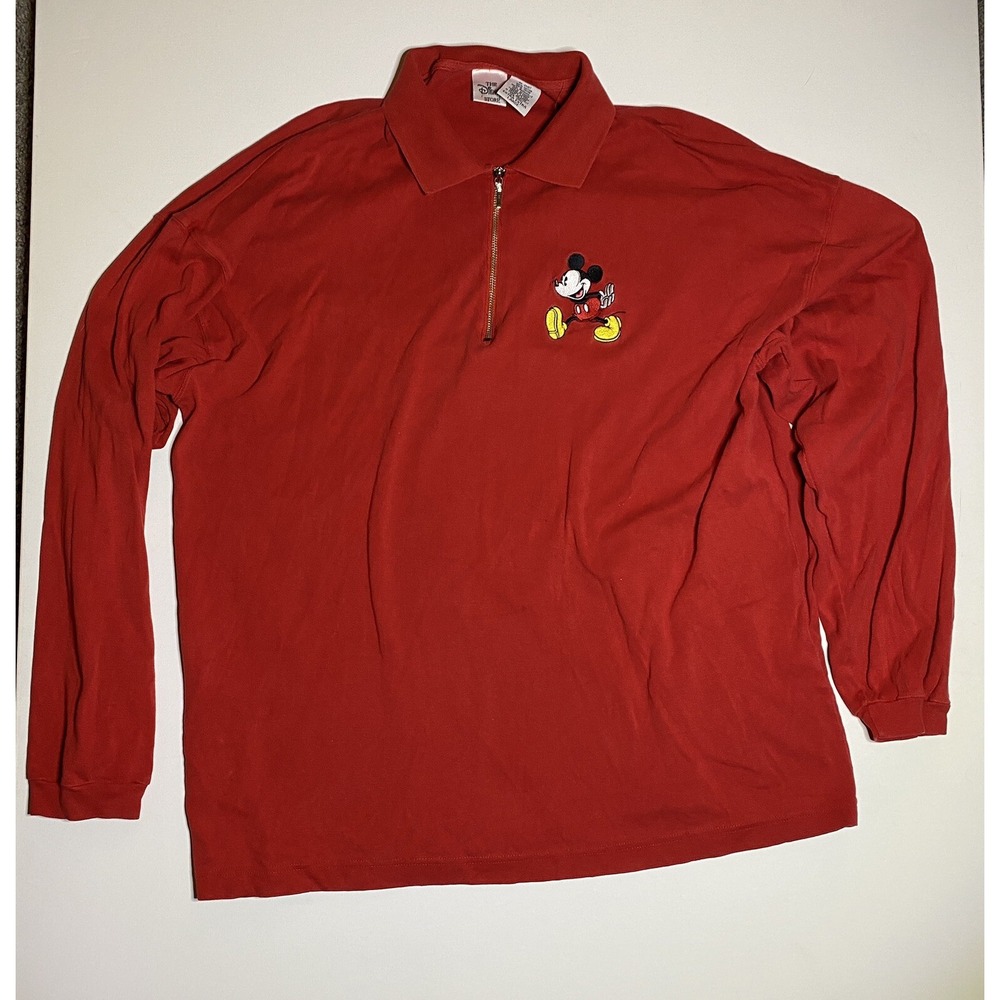 Disney Red Mickey Mouse 1/4 Zip Pullover Sweater Mens 2XL VTG Collared Fleece